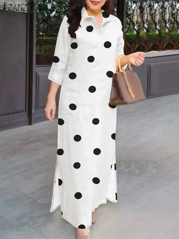 Eleagnt Polka Dot Women Dress Plus Size Summer Sundress 2025 ZANZEA Fashion Lapel Neck 3/4 Sleeve Baggy Work Vestidos Robe Femme