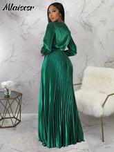 Mlaiscsr Elegant Wedding Guest Pleated Long Dress Women V Neck Lantern Sleeves Sashes Big Swing Sexy Birthday Party Evening Robe