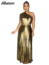 Mlaiscsr Metallic Golden One Shoulder Sleeveless Pleated A-Line Long Dress Elegant Women Luxury Birthday Evening Gowns Vestidos