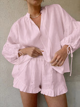 Fashion White Long Sleeve Shirts And Shorts Two Piece Sets Women 2025 Summer Cotton Casual Home 2 Piece Sets Women Outfit