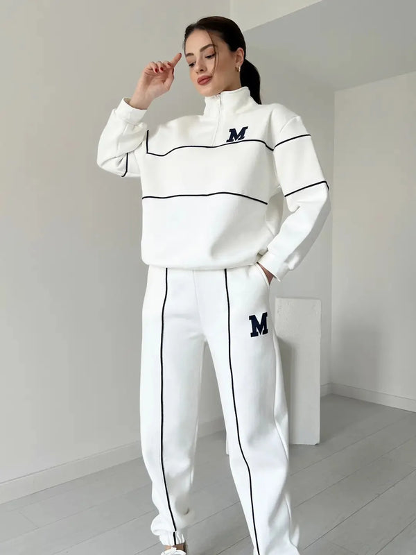 Autumn Winter New Fashion Letter Print Sweatshirt Set Casual Zipper Half Open Collar Long-sleeve Top + Sweatpants Two-piece Suit