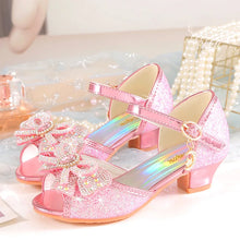 Summer Girls Sandals With Heel Fashion Rhinestone Shiny Glitter Shoes Children Princess Bowtie Dancing Shoes H876