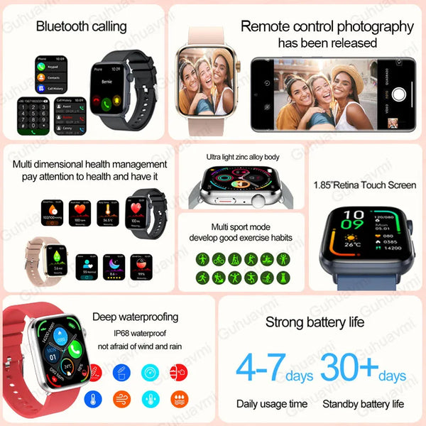 2025 AI Diagnosis NFC Smart Watch Women 1.85 inch AMOLED Blood pressure Heart Rate Temperature BT call Smartwatches Men For IOS