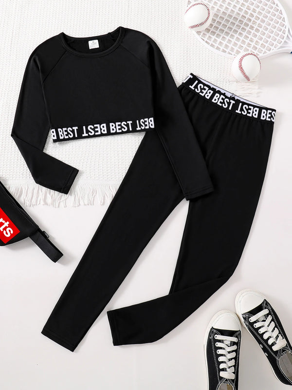 Children's clothing girls' fashion set with English printed round neck long sleeves and black slim fit pants 2-piece set