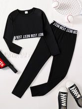 Children's clothing girls' fashion set with English printed round neck long sleeves and black slim fit pants 2-piece set