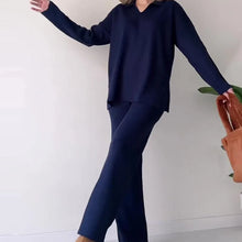 Two Piece Set Women Outfit Autumn Solid Loose Split Hem Lapel Long Sleeved Knit Top & Casual High Waist Wide Leg Pants Set