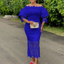 Trend Fashion Lace Midi Dress Women Slash Collar Short Sleeve Stitching Off-Neck Dress High Waist Solid Color Bodycon Sexy Dress