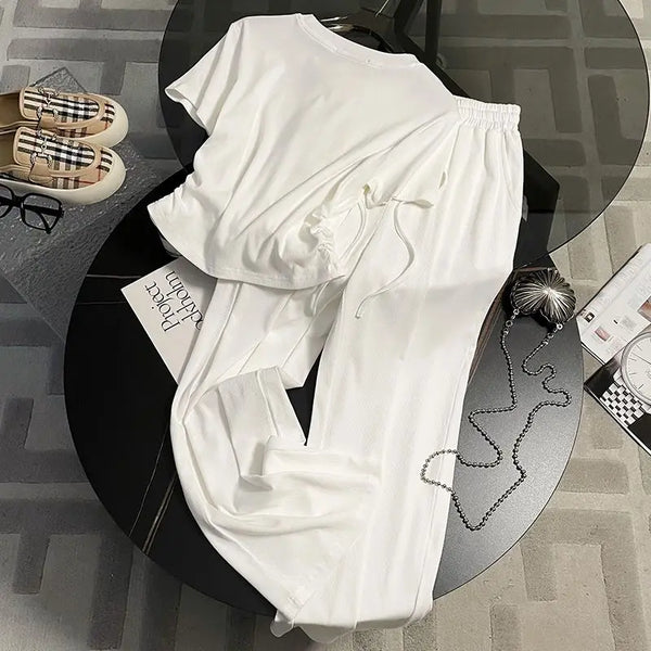 Fashion Sports and Leisure Suit for Women's Summer 2025 New Loose Short Sleeved Solid Color Popular Wide Leg Pants Two-piece Set