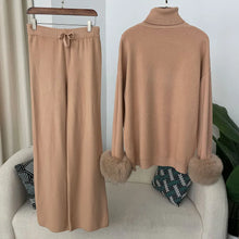 Fashion Autumn Winter Natural Real Fox Fur Cuffs Coat Knitted Sweater Women Long Pants Set Jacket Thick Warm