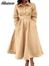 Mlaiscsr Lapel Button A Lint Khaki Mid Dress Women Elegant Office Long Sleeve Bandage Pocket Pleated Birthday Commuter Vestidos