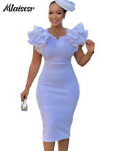 Mlaiscsr Women Square Neck Ruffled Short Sleeve Beading Bag Buttocks Mid Dress Elegant African Birthday Evening Office Lady Robe