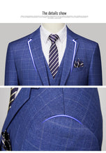 High-end Brand Classic Blue or Gray Plaid Men's Casual Business Suit Retro Official Suit Groom Wedding Dress Jacket Vest Pants