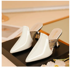 High Heel Slippers Pointed Toe Shoes Woman Elegant Mules Shoes Women Black Green Metal Heel Outdoors Womens Slippers Big Size