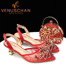 Venus Chan Nigerian Elegant Lace Net Style Green Crystal Low Heel Shoes And Three-Dimensional Mini Bag Commuter Women's Shoes