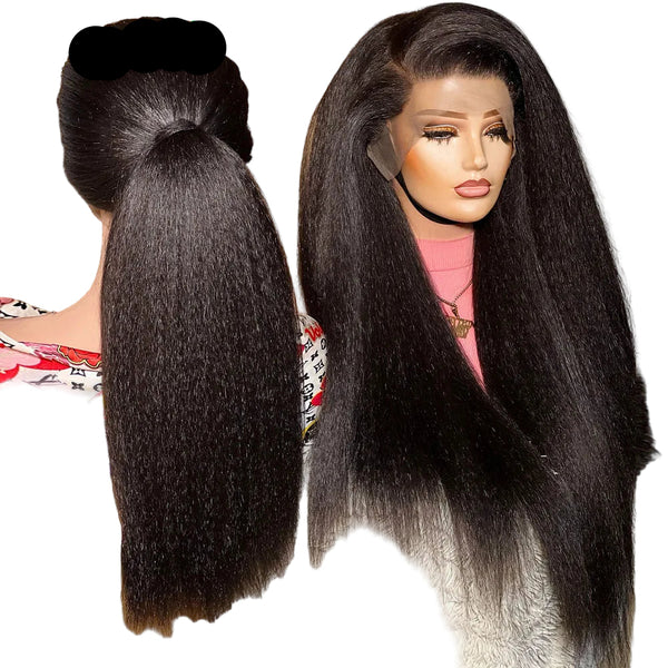 Kinky Straight 13x6 HD Lace Invisible Drawstring Strap 360 Full Lace Glue less Wig Human Hair