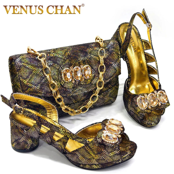 Elegant Heels for Womens Peep Toe Special Material Design Rhinestone Sandals Italian Shoes and Bags Matching Set 2024