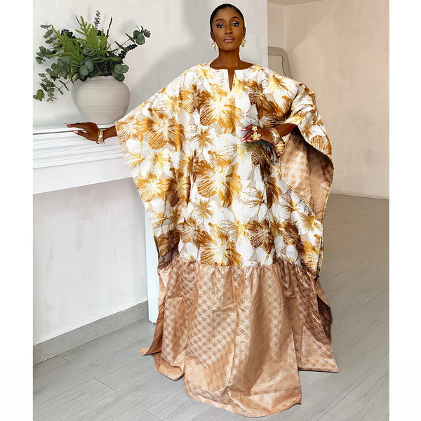 Gold Line African Women Brocade Boubou Dress Party Dashiki Embroidery With Bazin riche Decoration Nigerian Bride Wedding Robe
