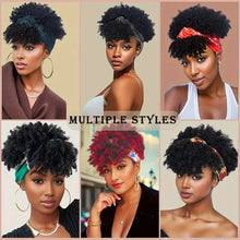 Short Kinky Curly Headband Wig Afro Puff Curly Headband Wig with Bangs for Women Natural Ombre Blonde Synthetic Turban Wrap Wig