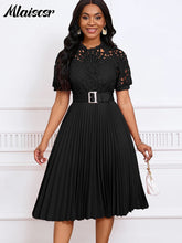 Mlaiscsr Elegant Luxury Wedding Guest Pleated Dresses with Belt Women O Neck Lace Patchwork Short Sleeve Birthday Party Robe New
