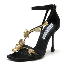 Black High Heel Sandal sGold Flower Metal Strap Design Fashion Hot Selling