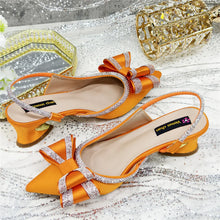 Med Heel Shoes for Women Hollowed Out Embroidery Rhinestone Italian Design Olive-green Color Pointed-Toe Shoes and Bags Set