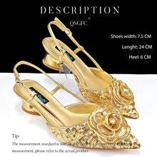 QSGFC Shiny Gold Color Shoes and Bag Elegant Handbags and Medium Heel Shoes Beautiful Handmade Flowers For Wedding Party