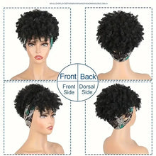 Short Kinky Curly Headband Wig Afro Puff Curly Headband Wig with Bangs for Women Natural Ombre Blonde Synthetic Turban Wrap Wig