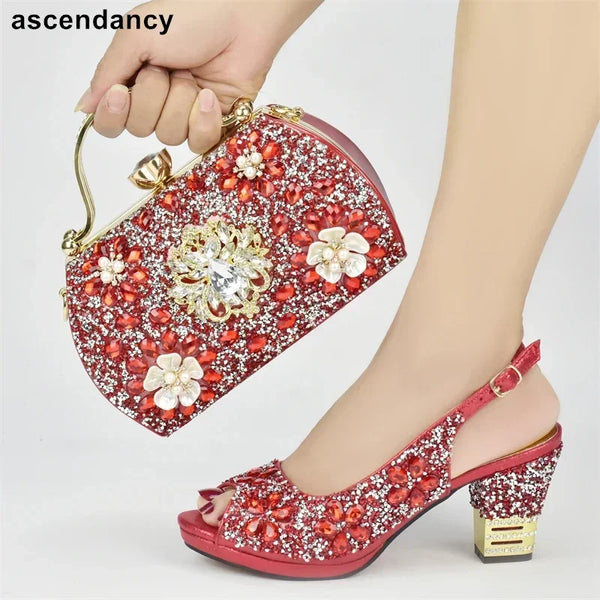 Italian Shoes and Bags Matching Set with Rhinestone Plus Size Shoes Luxury Italian Shoe and Bag Set 2025 Wedding Shoes Bride