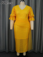 Mlaiscsr Yellow Birthday Prom Floral Lace Puff Sleeve See-Through Midi Dresses Elegant Sweet Wedding Guest Cocktail Vestidos New