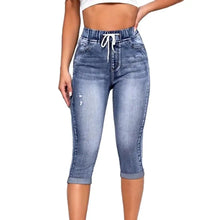 2024 High Waist Jeans Women Leggings Vintage Elastic High Waist Drawstring Pockets Denim Pants Calf Length Jeans Slim Fit Capris