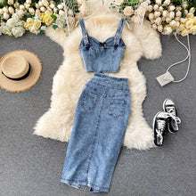 CM.YAYA Women Denim Sets Sleeveless Strap Crop Top and Long Skirts Suits 2024 Summer Jeans Streetwear Two 2 Piece Sets Outfits
