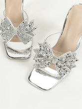 Liyke Fashion Silver Sequined Butterfly Knot Women Transparent Slippers Summer Square Toe Clear High Heels Sandals Female Shoes