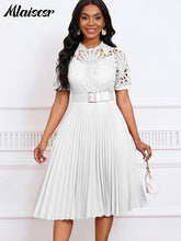 Mlaiscsr Elegant Luxury Wedding Guest Pleated Dresses with Belt Women O Neck Lace Patchwork Short Sleeve Birthday Party Robe New