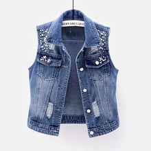 Denim Women Vest Luxury Pearls Fashion Ripped Autumn Plus Size Jeans Jacket Sleeveless Loose Short Coat Causal Waistcoats