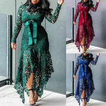 Lace Bow Belted Women Dress Elegant Long Sleeve Irregular Hem Women Bodycon Party Long Dress Vintage Wedding Evening Party Dress
