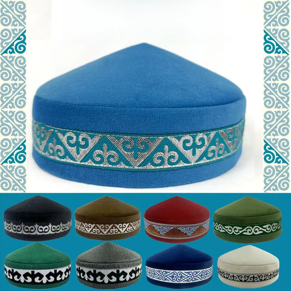 Kazakh Hats for Men Embroidered Blue Green Black Handmade Dancing Party Cotton Dubai Kufi Hijab Spring Caps Elegant