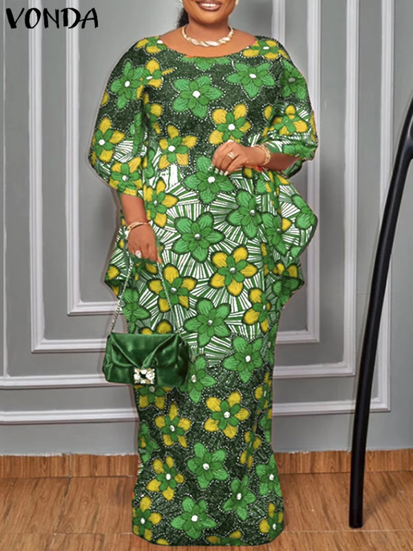Plus Size 5XL VONDA Women Summer Party Maxi Dress Bohemian Long Vestidos 2025 Vintage Printed Sundress Loose Casual O-Neck Robe