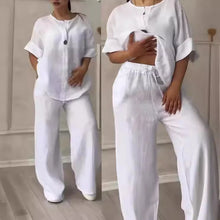 Cotton Linen Sets Two 2 Pieces Sale Casual Long Sleeve Button Loose Blouse Shirt&High Elastic Wide Leg Loose Pant Suits NMD-3021