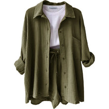 Women's Short Sets 2 Pcs Sale Grass Green Loose Button Cardigan Blouse Coats & Drawstring Wide Leg Loose Short Pant Suits