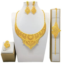 Fashion Dubai Flower Design Luxury 24k Gold Color Women's Jewelry Set African Fashion Bracelet Earrings Necklace Ring Four Piece