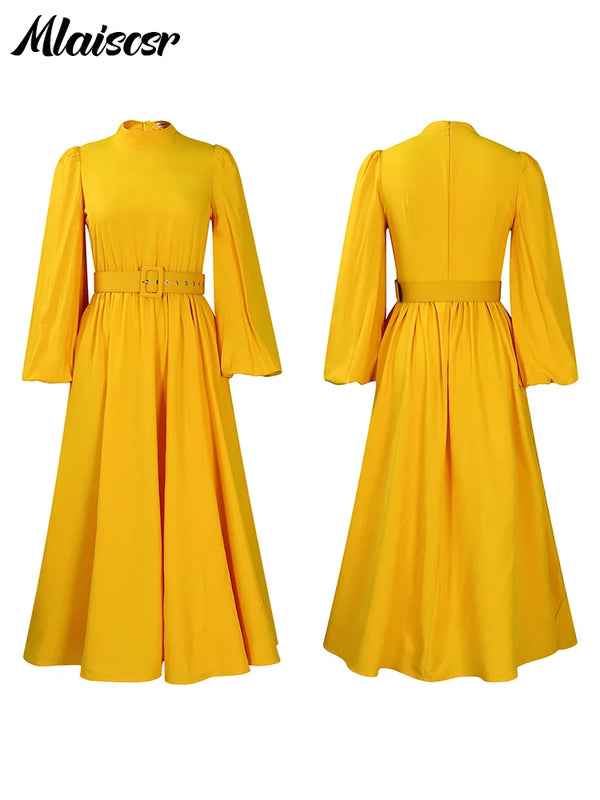 Mlaiscsr Elegant Evening Wedding Guest Party Yellow Pleated Dress Woman O Neck Long Sleeve Belt Waisted Birthday Dinner Vestidos