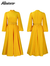 Mlaiscsr Elegant Evening Wedding Guest Party Yellow Pleated Dress Woman O Neck Long Sleeve Belt Waisted Birthday Dinner Vestidos