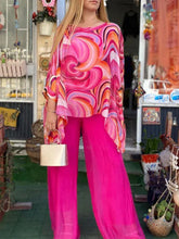 Women's Summer New Fashion Colorful Chiffon 3/4 Sleeve Long Pants Set Casual Round Neck Printed Two Piece Set For Women