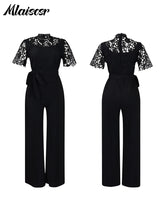 Mlaiscsr Elegant White Jumpsuits with Sashes Club Outfit for Women Lace Patchwork Short Sleeve Birthday Party One Piece Rompers