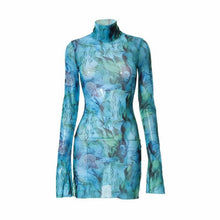 Top Selling Mesh Printed Round Neck Womens Dresses For Teens Plus Size Bell Sleeve Side Open Hip Dress Vestidos Para Mujer