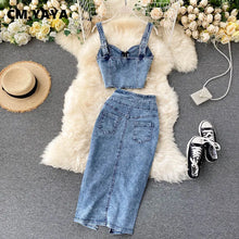 CM.YAYA Women Denim Sets Sleeveless Strap Crop Top and Long Skirts Suits 2024 Summer Jeans Streetwear Two 2 Piece Sets Outfits