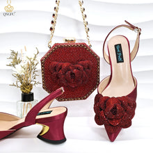 QSGFC Evening Shoes And Bags Set With Full Diamond Handmade Petal Clutches Pointed Toe Mid-Heel Women Shoes