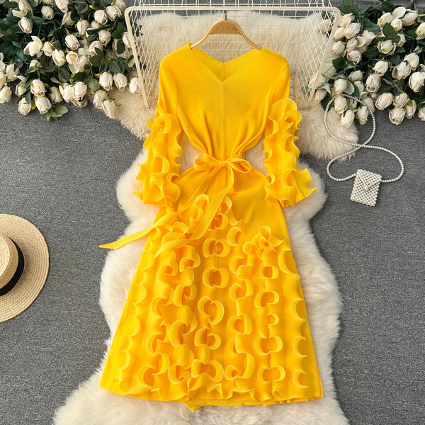 European Court Style Dress Miyake for Women A Design Sense Tassel V-neck Slim Fit Long High-temperature Pleated Flared Sleeve