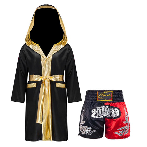 Kids Boys Boxing Sets Sports Outfits Halloween Cosplay Costume Long Sleeve Open Front Robe Satin Hooded Cloak with Belt Shorts