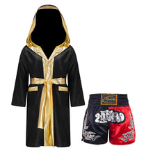 Kids Boys Boxing Sets Sports Outfits Halloween Cosplay Costume Long Sleeve Open Front Robe Satin Hooded Cloak with Belt Shorts